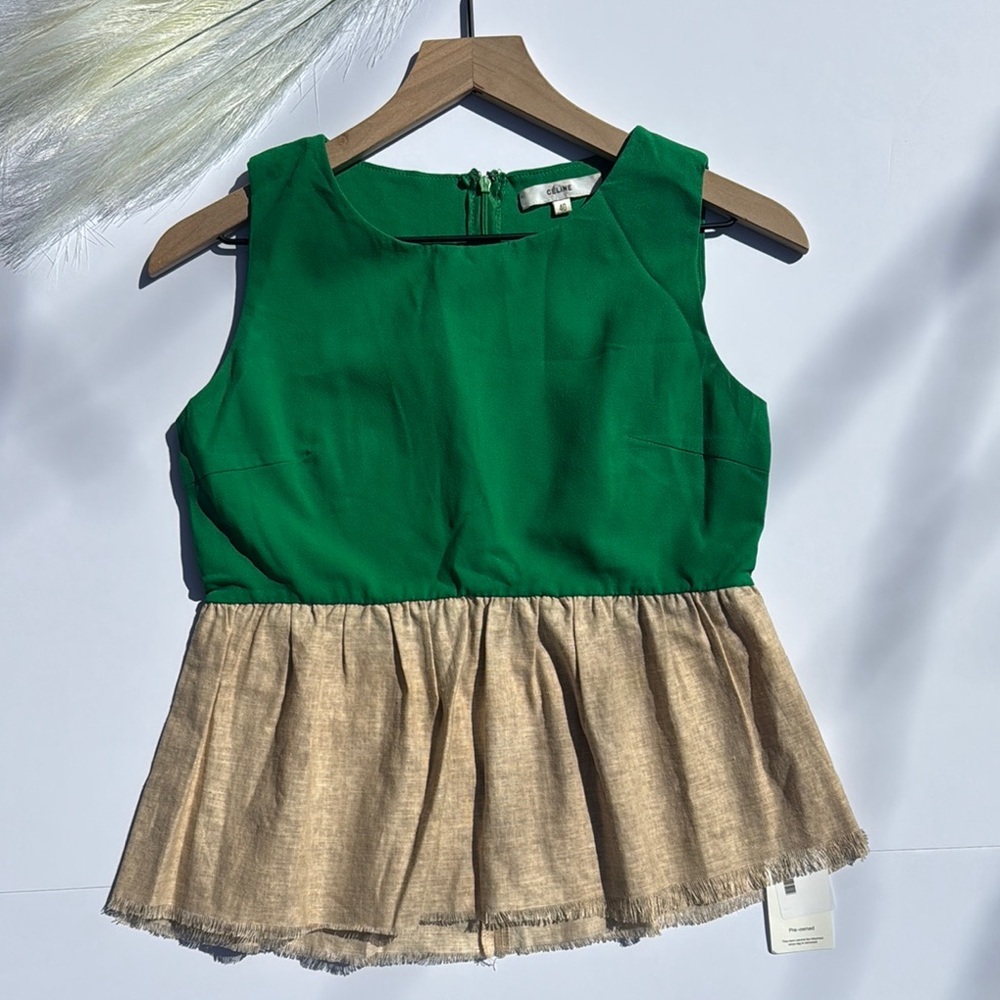 Vintage Celine Green and Tan Sleeveless Peplum Tank Top Size 40 - Picture 1 of 5